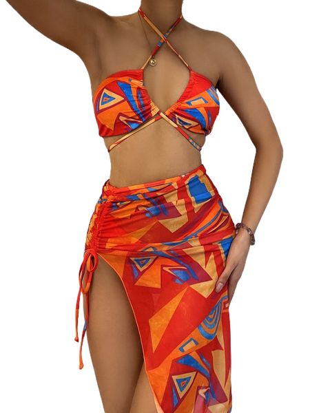 

3pack graphic lace up bikini swimsuit & beach skirt r8ht#, White;black