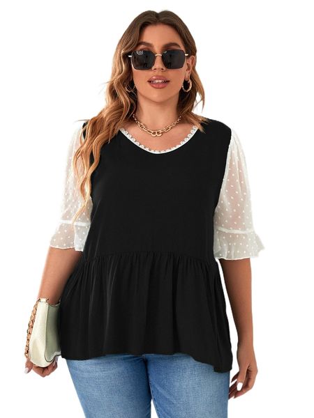 

plus guipure lace insert swiss dot puff sleeve blouse 804d#, Black