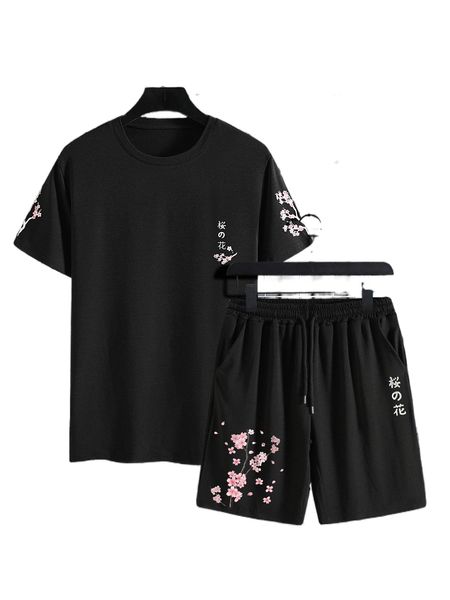 

men floral & japanese letter graphic tee & shorts s9e7#, Gray
