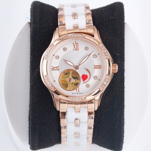 

fashion women's watch diameter 35mm 316 stainless steel case ceramic strap automatic mechanical movement gem mirror life waterproof wat, Slivery;golden