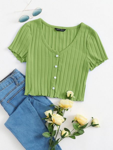 

button up rib-knit crop 93aq#, White