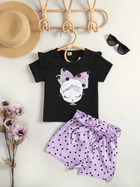 

toddler girls cartoon graphic tee with paper bag waist belted shorts she01, White