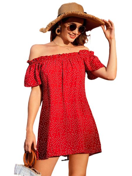 

polka dot off shoulder frill trim dress a22s#, Black;gray