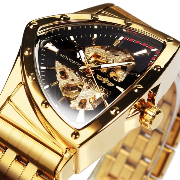 

winner triangle skeleton gold black watch for men automatic mechanical wristwatch irregular luxury stainless steel strap relogio 220622, Slivery;brown