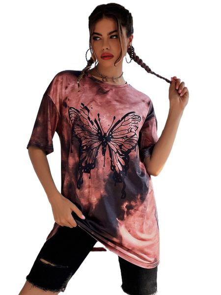 

tie dye & butterfly print drop shoulder oversized tee q7gk#, White