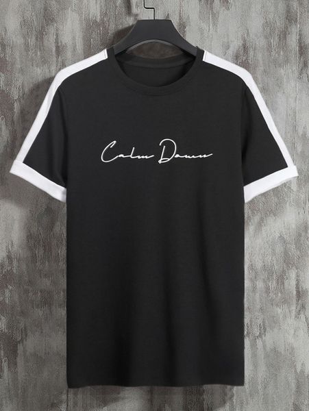 

men slogan graphic contrast trim tee p1a6#, White;black