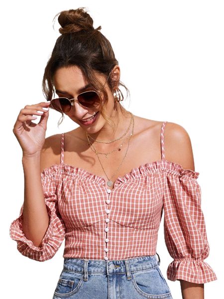 

plaid print frill trim cold shoulder blouse o5ri#, White