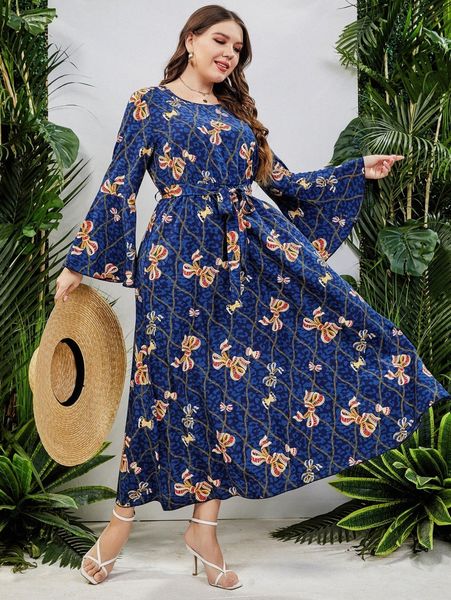 

plus chain & bow print trumpet sleeve belted dress p24d#, Black