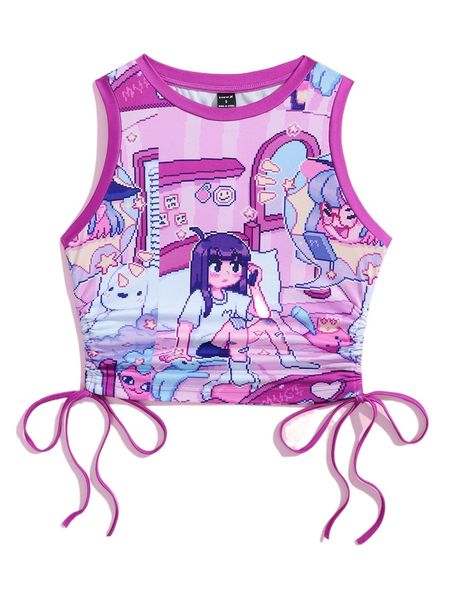 

x mugitchi drawstring side pop art print tank e2dp#, White