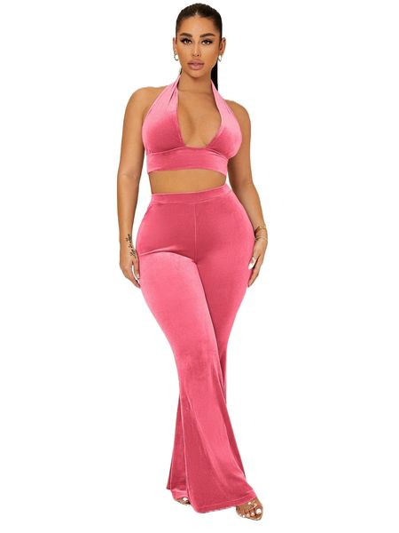 

sxy backless crop velvet halter & flare leg pants l4an#, White