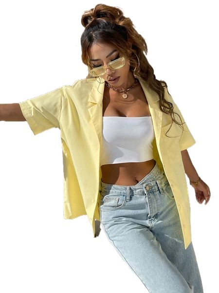

neon yellow lapel neck patched pocket drop shoulder blouse j091#, White