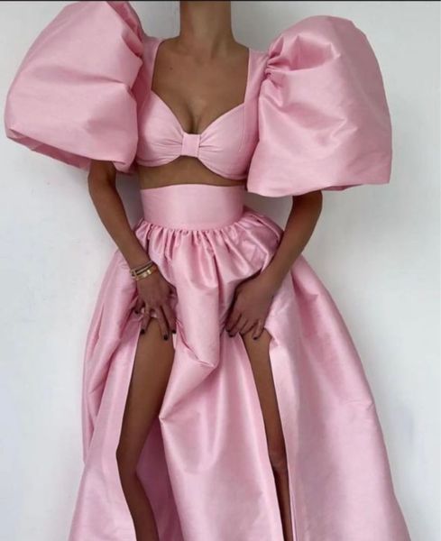 

double split pink prom dresses short puff sleeve a line 2 piece special occasion gowns sweetheart floor length satin cocktail party dress, Black
