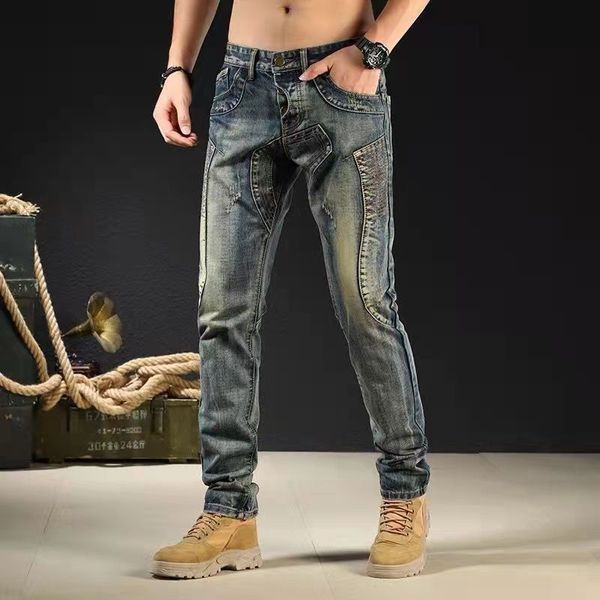 

fashion brand retro nostalgic motorcycle jeans men's button style stitching slim fit pants straight tube loose fashion, Blue