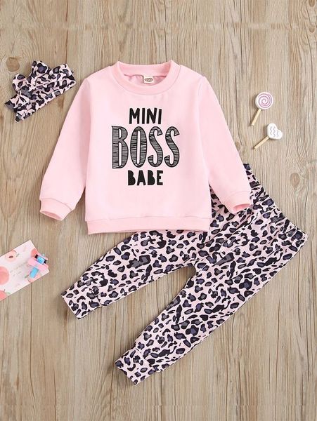 

toddler girls letter graphic sweatshirt & cheetah pants & headband she, White