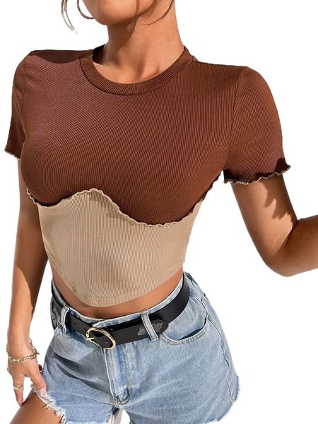 

two tone rib-knit lettuce trim tee k5ak#, White