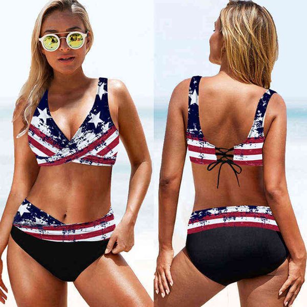 

flag split national high waist cross swimsuit women's bikini swimsuit, White;black