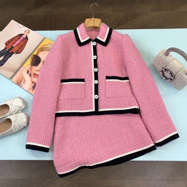 

two piece dress designer autumn and winter 2022 zhang yuan british small fragrance baby pink wool lapel tweed short skirt set bivm, White