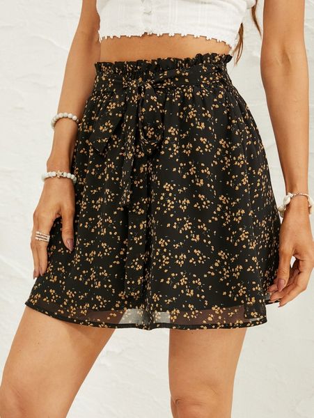 

ditsy floral belted paper bag waist skirt y4s2#, Black