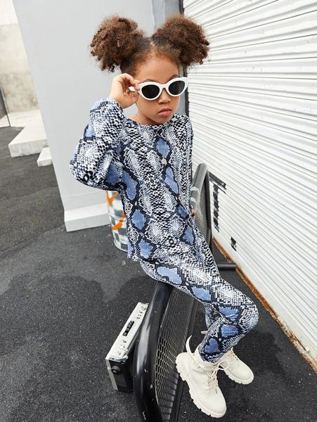 

girls 1pc snakeskin print drop shoulder pullover & 1pc leggings she, White