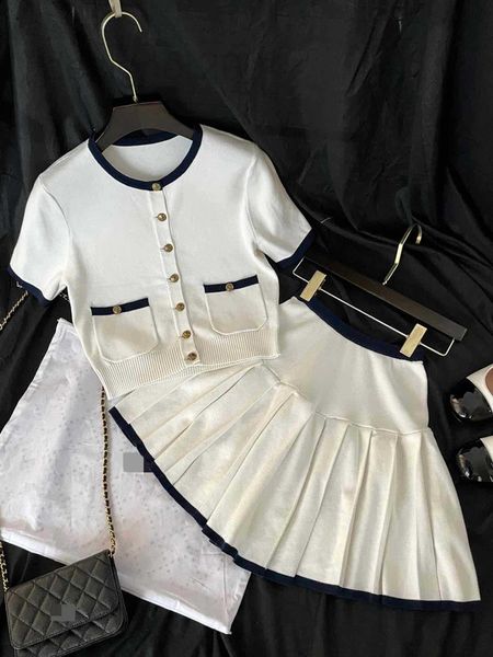 

two piece dress designer 2022 new small fragrance navy style milk white knitted cardigan pleated skirt set 7c0q