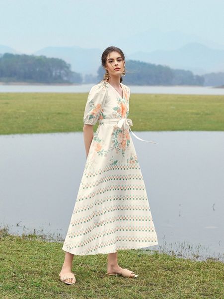 

floral & plaid print puff sleeve belted dress k44l#, Black;gray