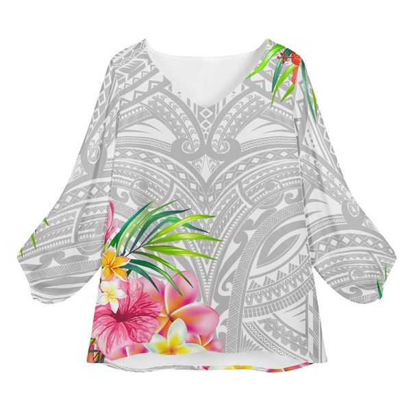

custom plumeria palm leaf print summer deep lantern sleeve shirts polynesian tribal design womens clothes 220629, White