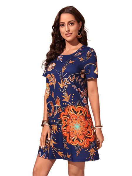 

emery rose floral print round neck dress g9yt#, Black;gray