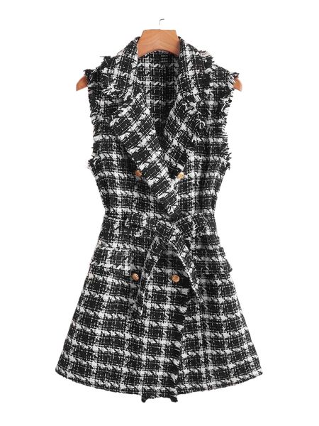 

plaid pattern raw trim belted tweed vest overcoat b1px#, Black