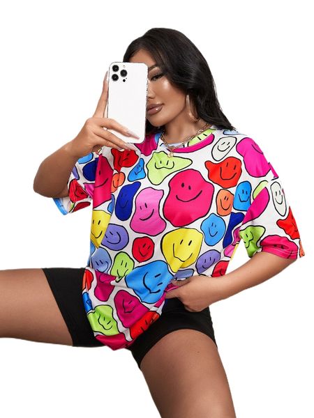 

sxy cartoon face print drop shoulder tee d0qg#, White