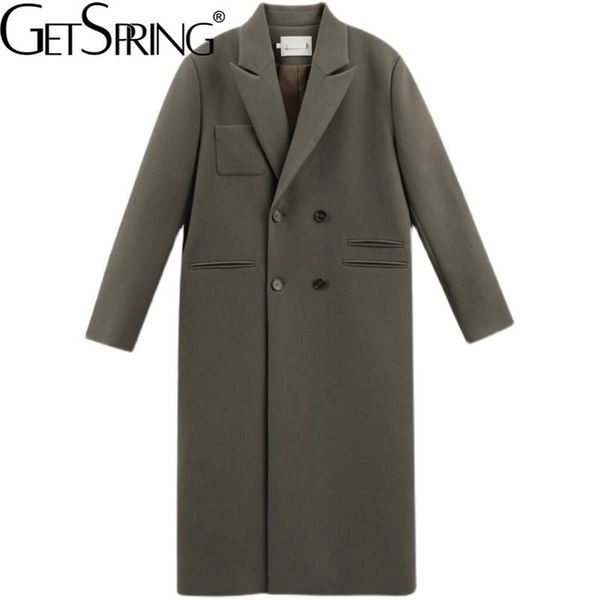 Getspring Blazer da donna Fodera calda Blazer e giacche lunghe vintage Allentato Casual Doppio petto Cappotto invernale da caffè 220726