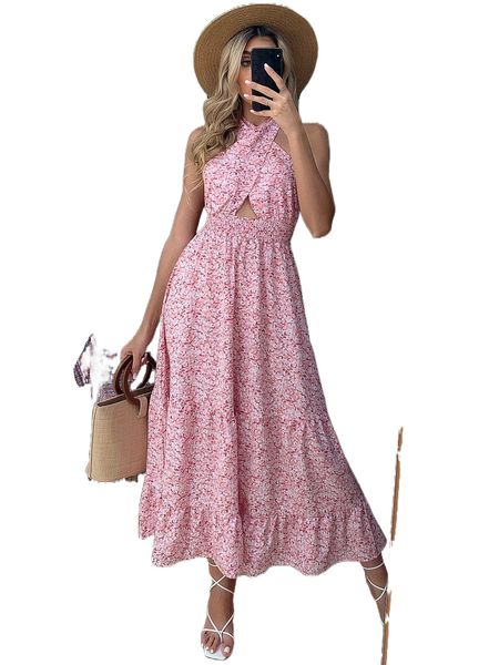 

ditsy floral print tie backless shirred ruffle hem halter dress r9jf#, Black;gray