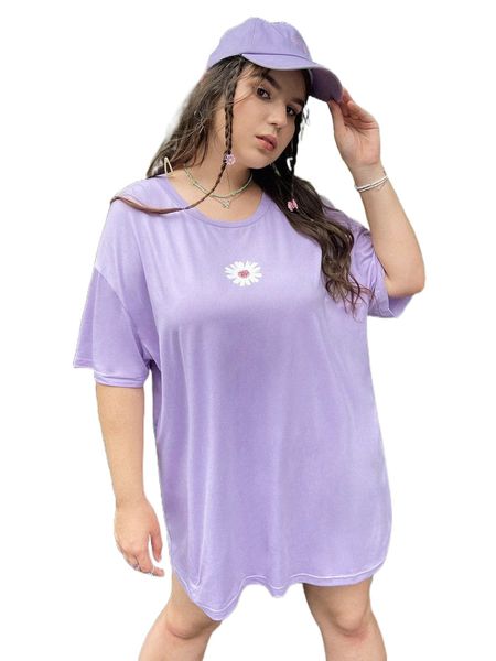 

plus floral print drop shoulder tee k6dc#, Black