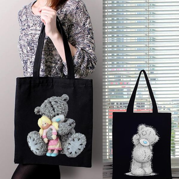 Shopping bag da donna Fashion Classic Cartoon Anime Bear Pattern Series Borsa a tracolla riutilizzabile Borse in tela con stampa nera Shopper
