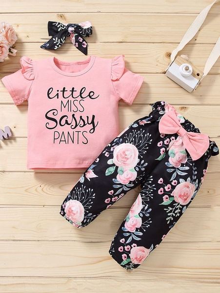 

toddler girls letter graphic ruffle trim tee & floral pants & headband she, White