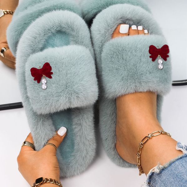 

women slippers fuzzy slides designer red bowknot faux fur sandals luxury fluffy slippers ladies flip flops flat fur shoes 2022, Black