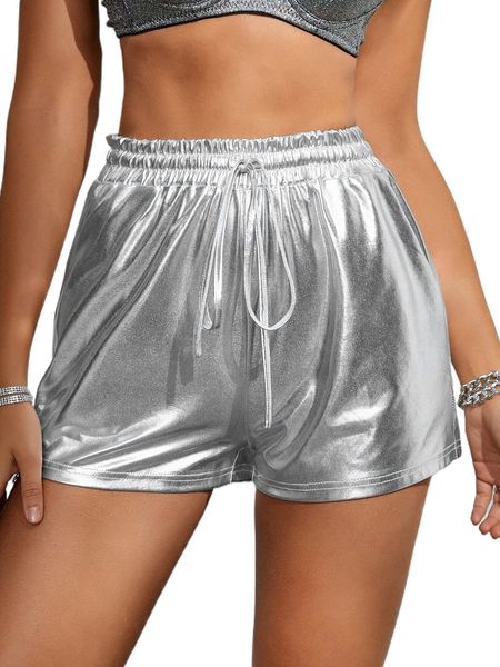 

apperloth a drawstring waist pu leather shorts k77u#, White;black
