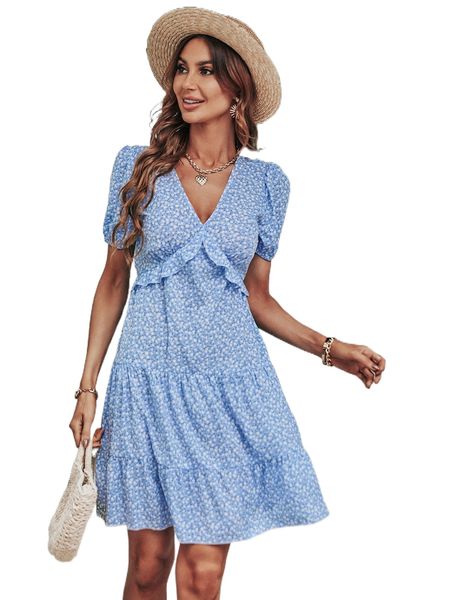 

random ditsy floral puff sleeve ruffle trim dress 02xh#, Black;gray