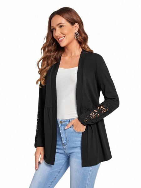 

emery rose guipure lace panel open front peplum coat 16wx#, Black