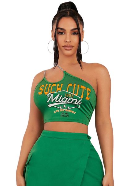 

sxy letter graphic chain detail one shoulder crop 96v3#, White