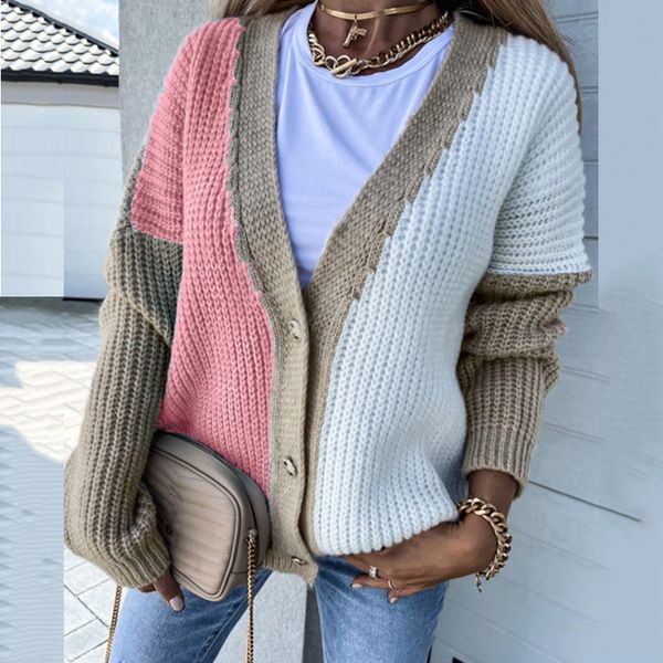 

women autumn winter oversized knitted cardiagn new casual v-neck single breasted sweater fashion contrast color jumper, White;black