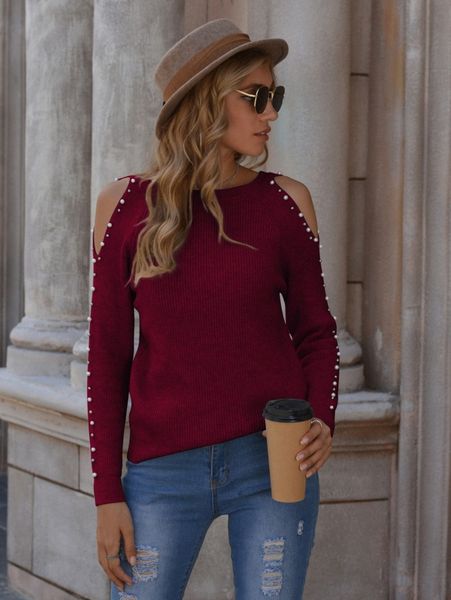 

pearls side cold shoulder sweater f1us#, White;black