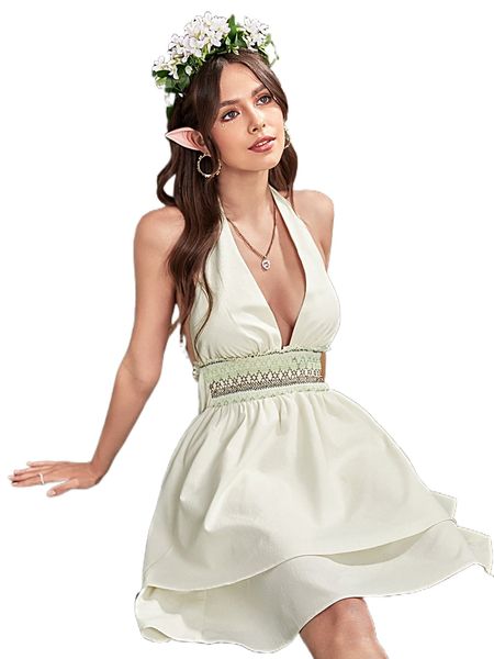 

shirred waist layered hem tie backless halter dress r9uz#, Black;gray