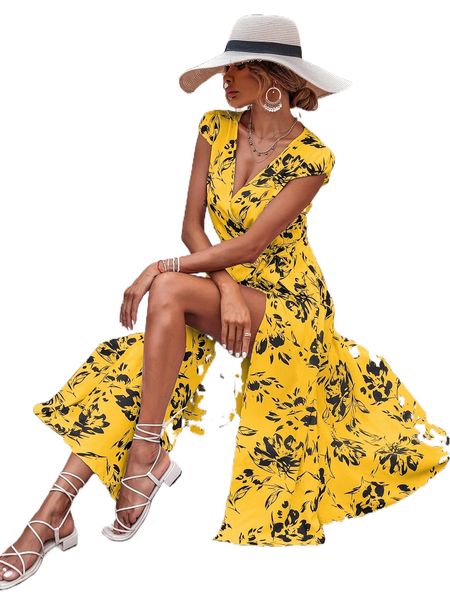 

floral print puff sleeve wrap belted dress t3pb#, Black;gray