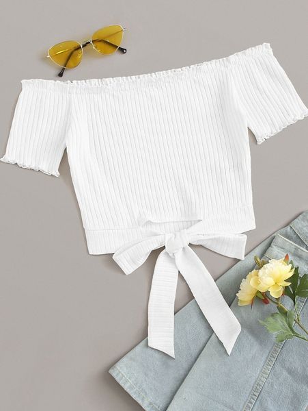 

off shoulder tie hem rib-knit z7ad#, White