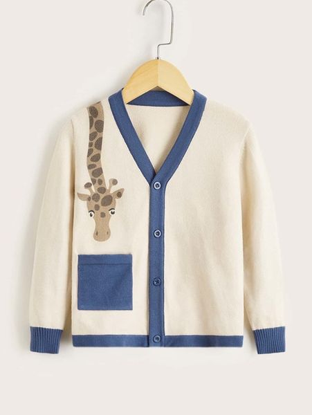 

toddler boys giraffe pattern color block patched pocket cardigan she, Blue