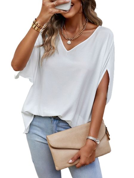 

solid batwing sleeve blouse v6lk#, White