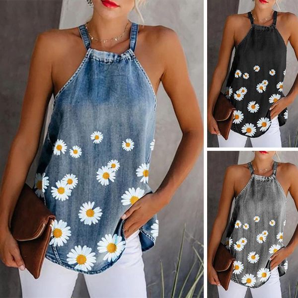 

women's tanks & camis womens summer daisy tank halter neck bandage vest long camisole sleeveless sunflower print denim women blouse top, White