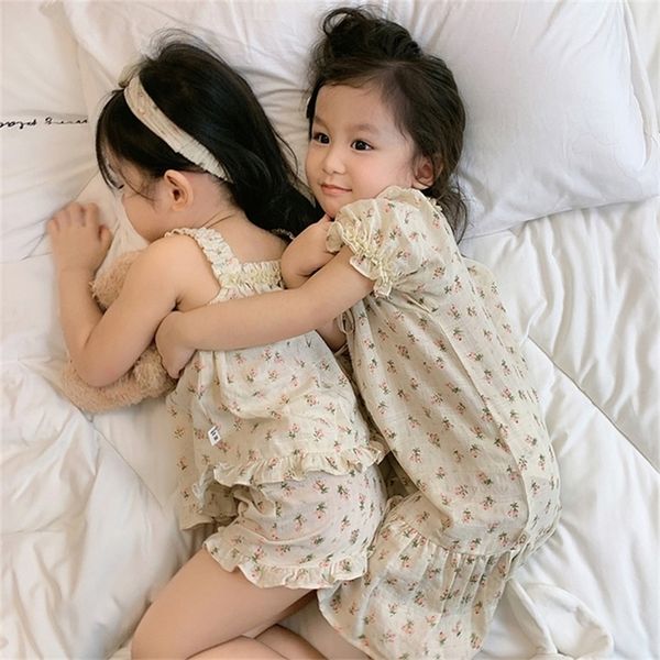 

3 design kid girls flowers pajama sets vintage toddler floral shorts sleeve/sleeveless pyjamas set sleepwear children's clothing 220809, Blue;red