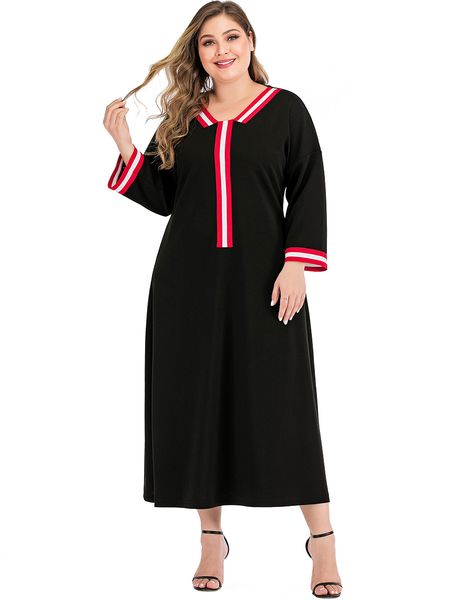 

home dress 2021 plus size v neck solid color long sleeve calf length a line skirt casual elegant high waist loose black party