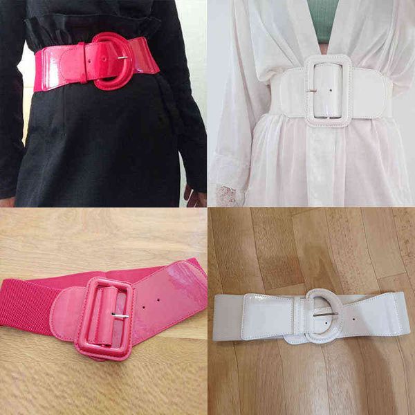 

luxury waist belts for women dress pu patent leather elastic band waist belt solid black red white wide waistband y220419, Black;brown